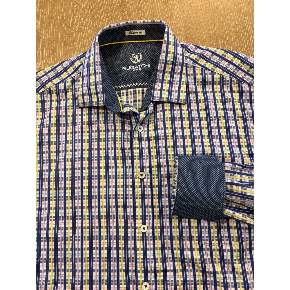 Bugatchi Uomo Men Shaped Fit Cuff Long Sleeve Dress Shirt Large Blue Button Up